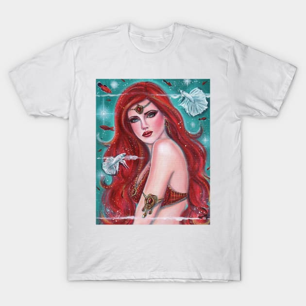 Ruby red mermaid with betta fish art by Renee Lavoie T-Shirt by ReneeLLavoie